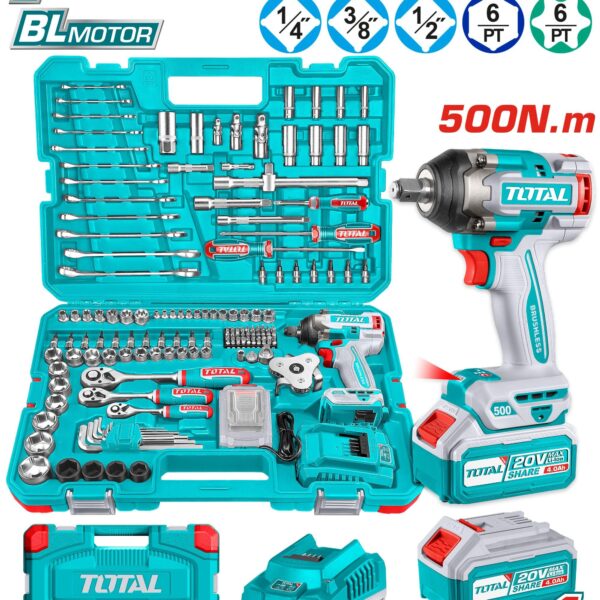 طقم كومبو شنيور 20فولت 2/1" 500نيوتن 1بطارية 2امبير +طقم لقم 152ق توتال THKTHP31522