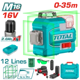 ميزان ليزر 16فولت 1بطارية 2امبير 2خط اخضر 12عدسة 35متر 360درجه توتال TLL301201