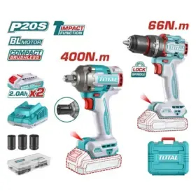 طقم كومبو 20فولت 2قطعة 2بطارية 2امبير شنيور 66نيوتن دقاق+شنيور 2/1" 400نيوتن توتال TCKLI20275