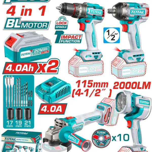 طقم كومبو 4قطع امباكت 500نيوتن+شنيور96نيوتن+صاروخ4.5+كشاف2000ليومين+2بطاريه 4امبير +شاحن TOSLI241292