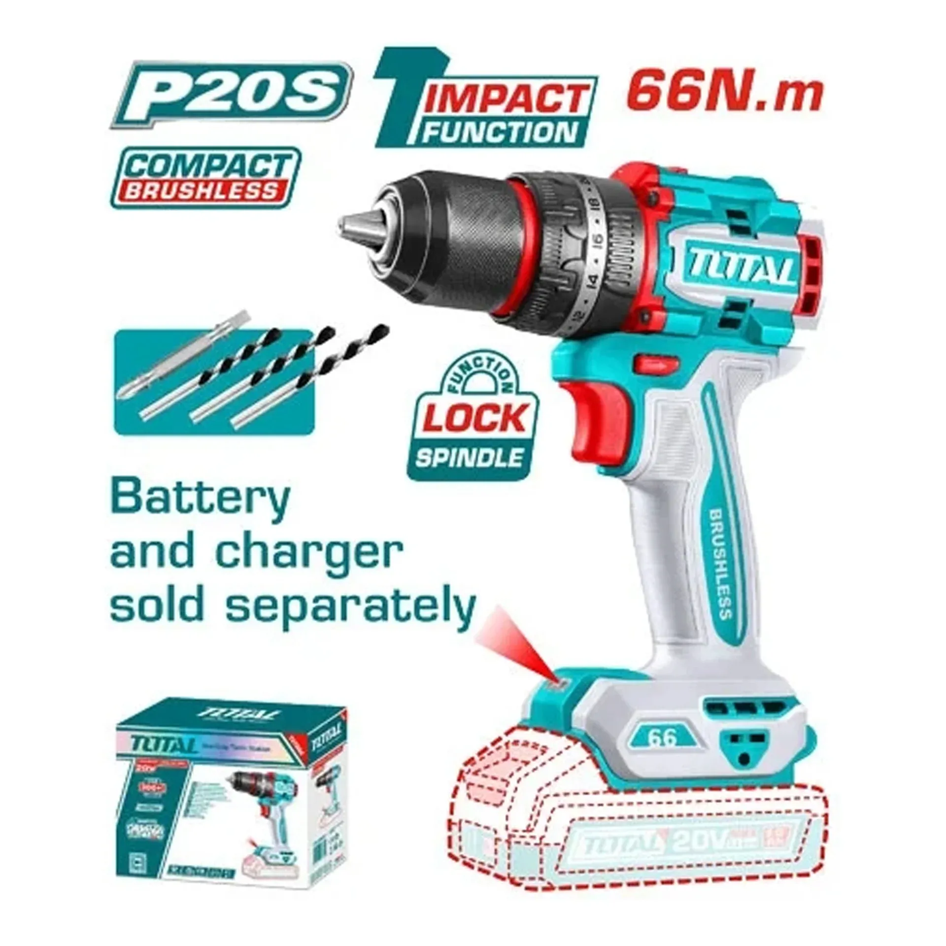 TIDLI206681 TIDLI206681_شنيور 20فولت 13مم بدون بطارية 66نيوتن دقاق توتال - الصورة 1