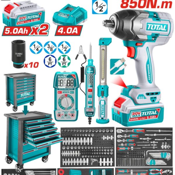 تروللي صاج 369قطعه ٧درج وشنيور 20فولت ١/٢"850نيوتن توتال_THPTCS83692