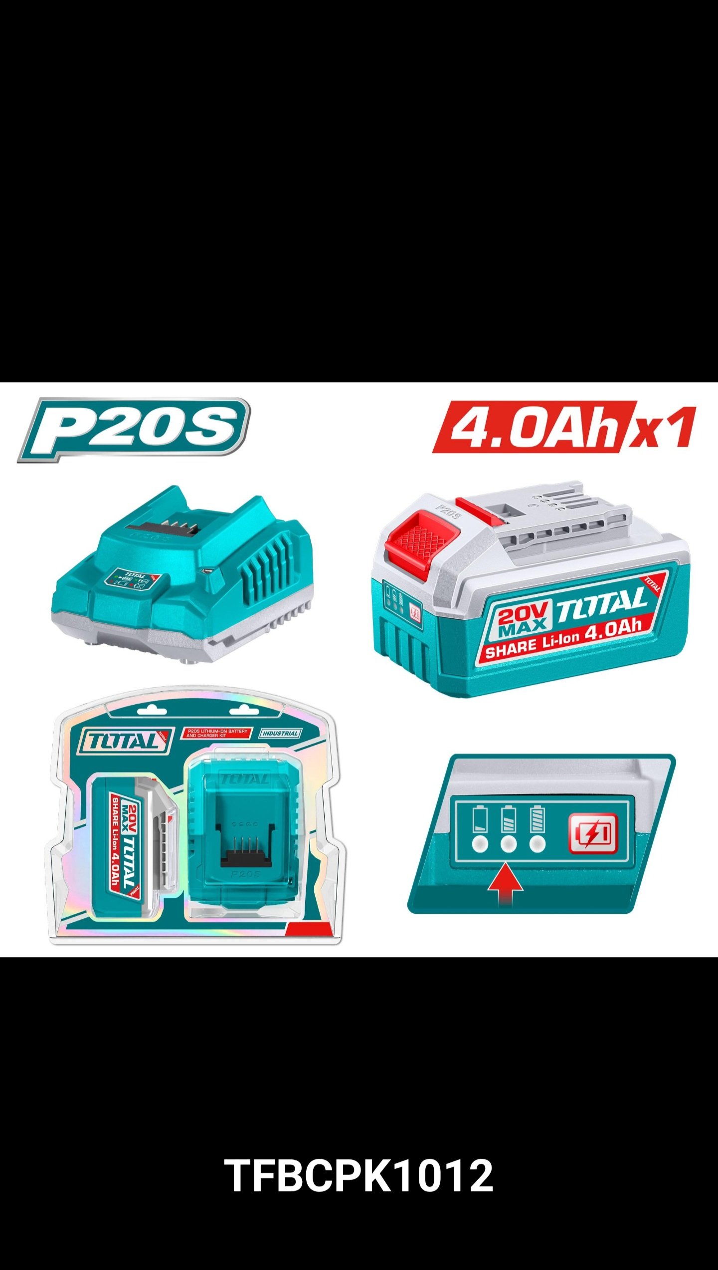 2025/10/1000352409.jpg طقم بطاريه ٢٠فولت ٤امبير وشاحن ٢قطع وشاحن توتال_TFBCPK1012 - الصورة 1