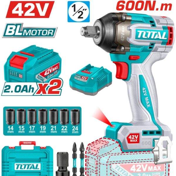 شنيور 42فولت 1/2‘’ 2بطاريه 2امبير 600نيوتن توتال_TIWLI42602