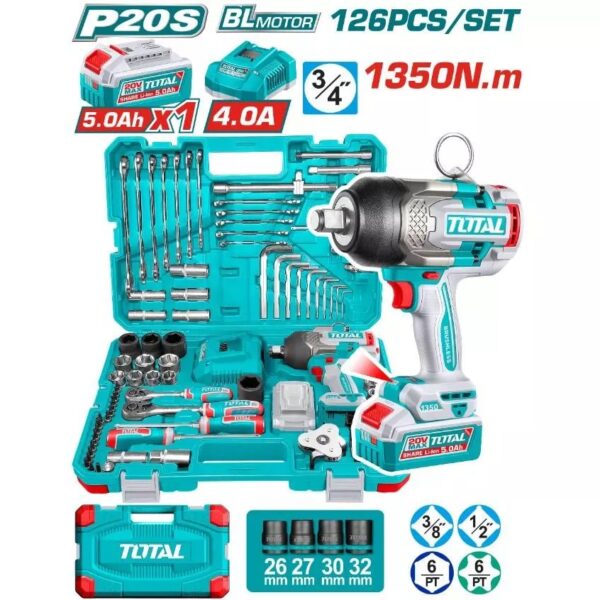 شنيور 20فولت 3/4" ١بطاريه ٥امبير 1350نيوتن126قطعه توتال_THKTHP31262