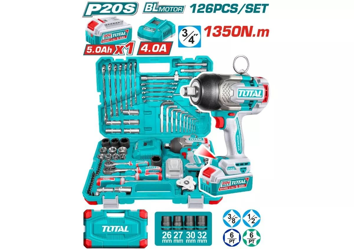 2025/11/1000365406.jpg شنيور 20فولت 3/4" ١بطاريه ٥امبير 1350نيوتن126قطعه توتال_THKTHP31262 - الصورة 1