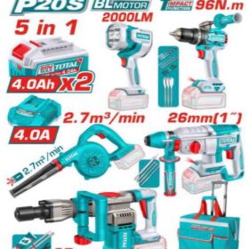 طقم كومبو 20فولت 5قطع 2بطارية 4امبير شنيور 96نيوتن هلتى 26مم بلاور هلتى تكسير كشاف شنطة تروللى بعجل TOSLI251083