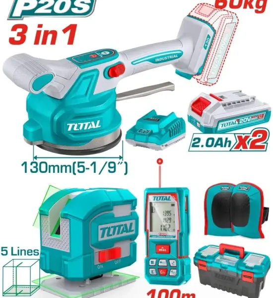 TOSLI250606_طقم كومبو 20فولت 3قطع 2بطارية 2امبير هزاز سيراميك ومتر ليزر 100متر وميزان ليزر 2خط توتال