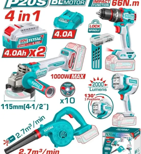 طقم كومبو 20فولت 4ق 2بطارية 4ا شنيور 66ن وصاروخ وبلاور وكشاف توتال _TOSLI250993