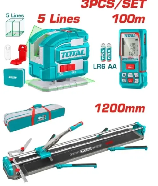 طقم كومبو 3قطع ماكينة سيراميك 120سم وميزان ليزر 2خط ومتر ليزر 100م توتال_TOS250911